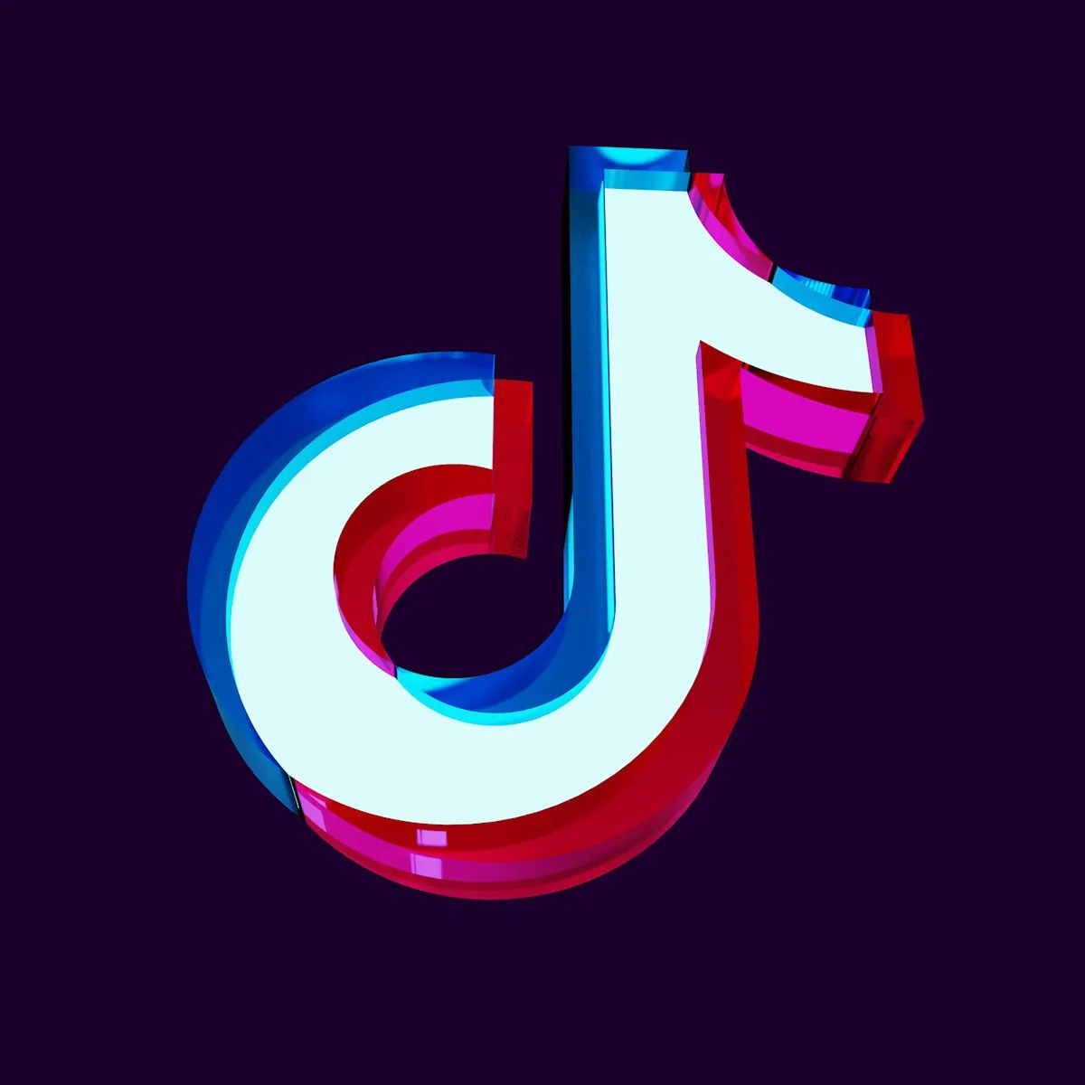 Een gestileerde digitale afbeelding van een muzieknoot in rode en blauwe neonkleuren op een donkere achtergrond