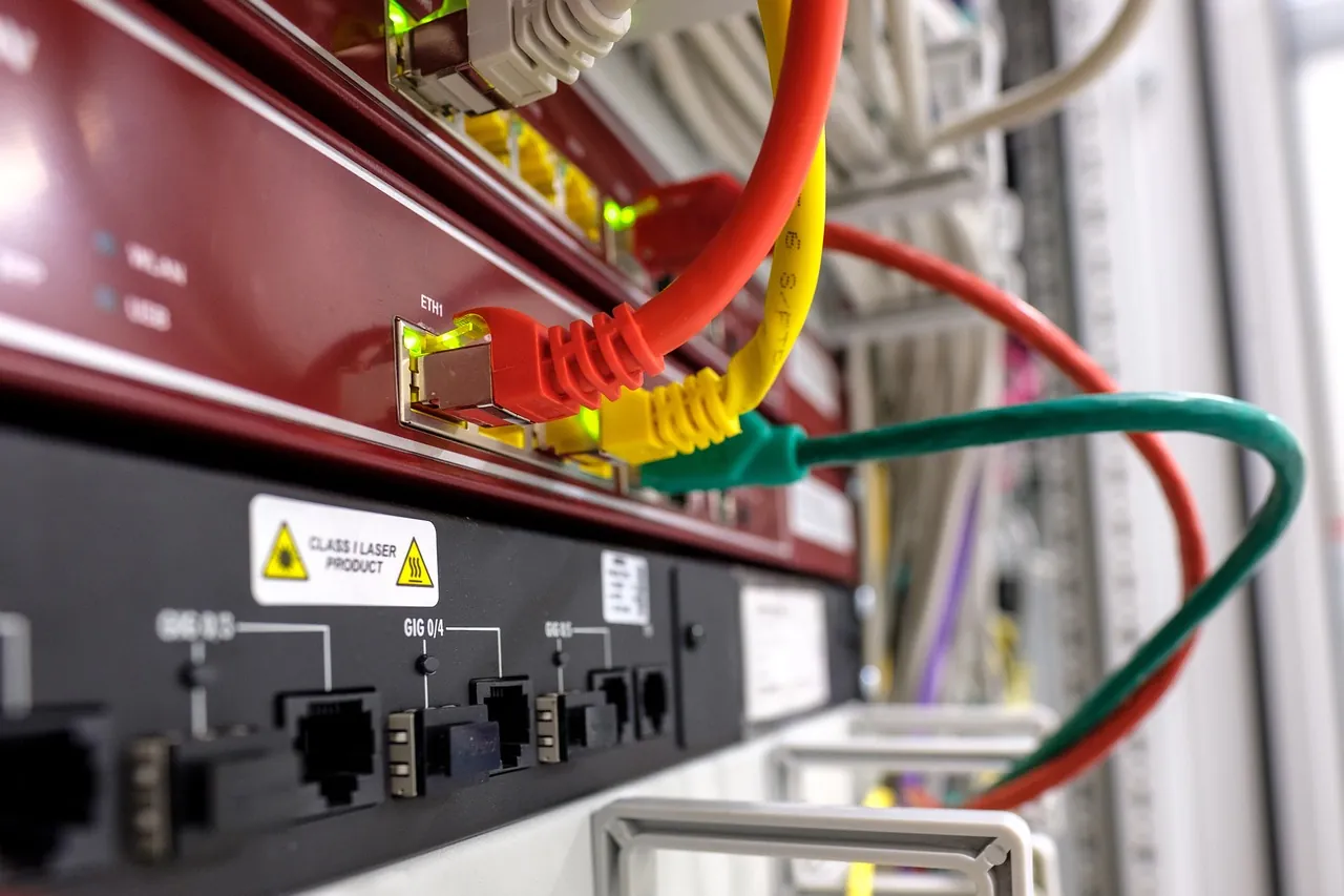 Netwerkswitch met aangesloten Ethernet-kabels van verschillende kleuren in een serverruimte.