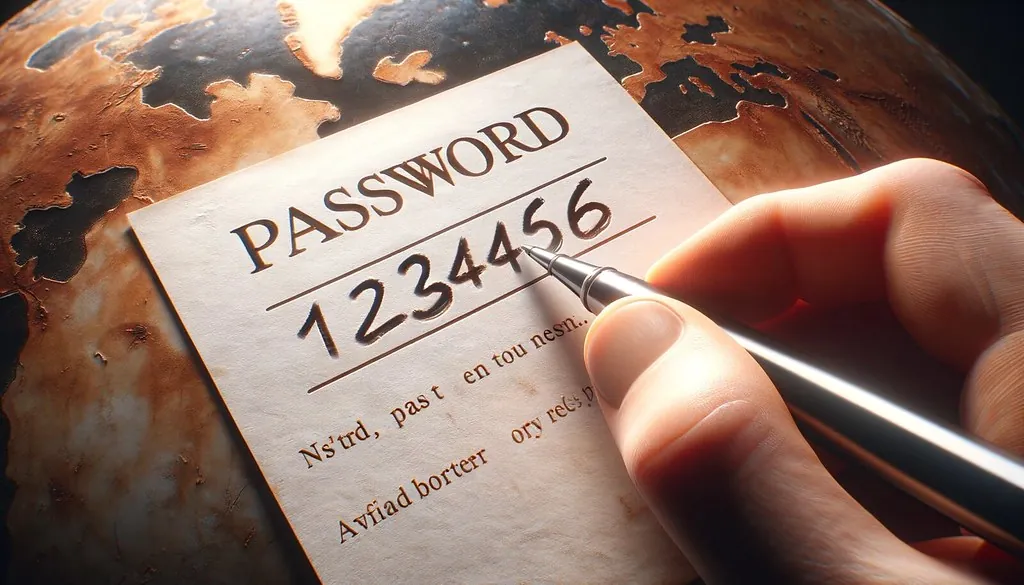 Een hand die een pen vasthoudt en een wachtwoord '123456' op een stuk papier schrijft, met een wereldkaart op de achtergrond.